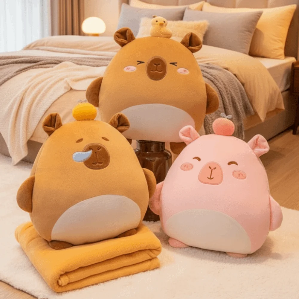 

3-In-1 Capybara Throw Pillow Pp Cotton Filled Plush Pillow Blanket Cartoon Hand Warmer Portable Office Nap Leg Cover Artifact