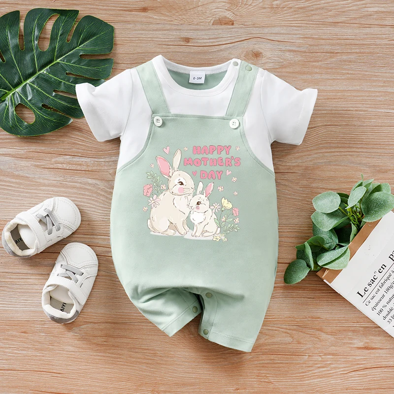 بدلة صيفية للأطفال حديثي الولادة مكونة من 3 ألوان مكونة من قطعتين مطبوعة على شكل أرنب لعيد الأم وأكمام قصيرة ورقبة مستديرة