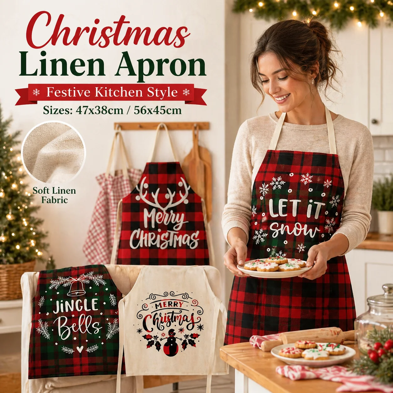 

Christmas Linen Apron Red Black Plaid Snowflake 2D Flat Printed Kitchen Cooking Bib for Women Holiday Baking Festive Pinafore
