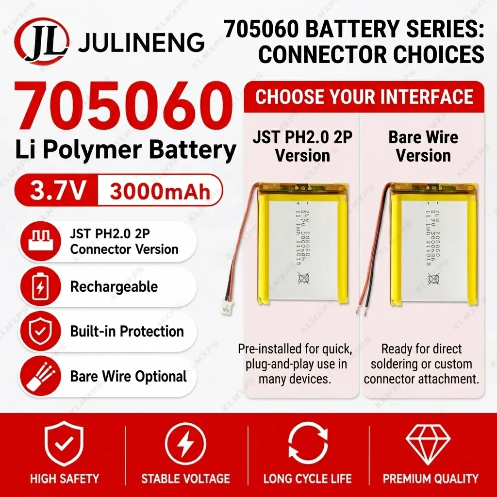 

3.7V 3000mAh 705060 Lithium Polymer Battery JST PH2.0 2P Bare Wire Rechargeable LiPo Battery for Bluetooth Electronics