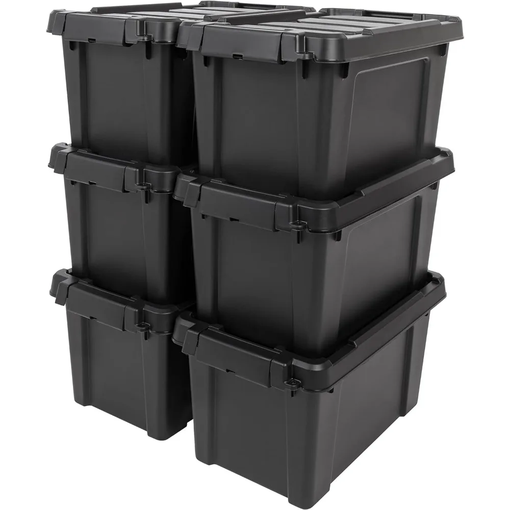 USA 5 Gallon Lockable Storage Totes with Lids, 6 Pack - Black, Heavy-Duty Durable Stackable Containers, Large Garage