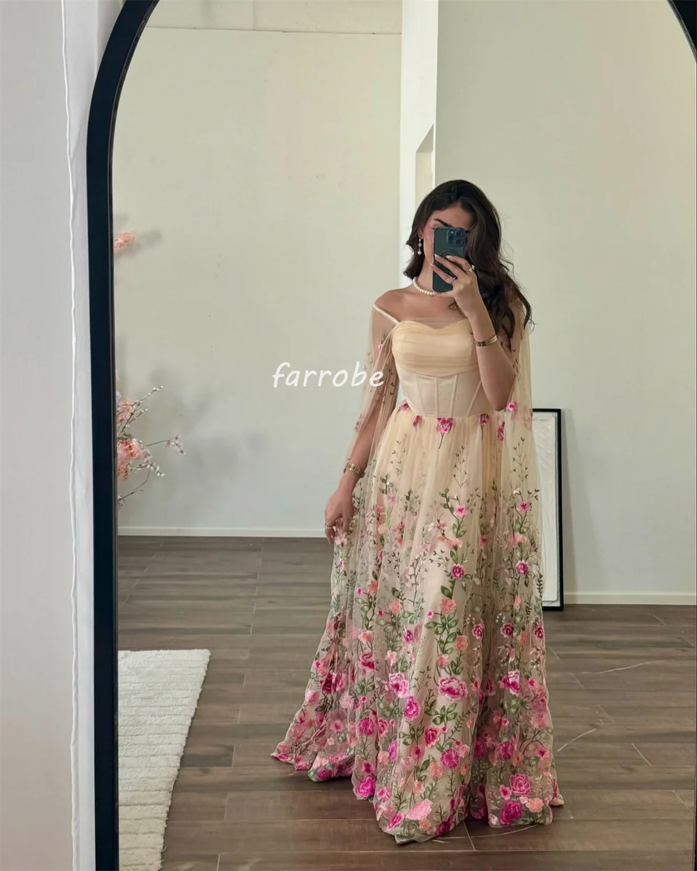 Customized Intricate Classic Tulle Applique Flower A-line Off-the-shoulder Long Dresses Bespoke Occasion Dresses Matching Classi