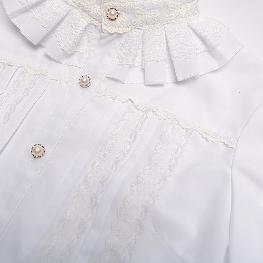 Vintage Victorian Women\'s Shirts And Blouse Solid White Gothic Stand Collar Lace Lolita Lotus Ruffle Tops Shirt Woman Clothing