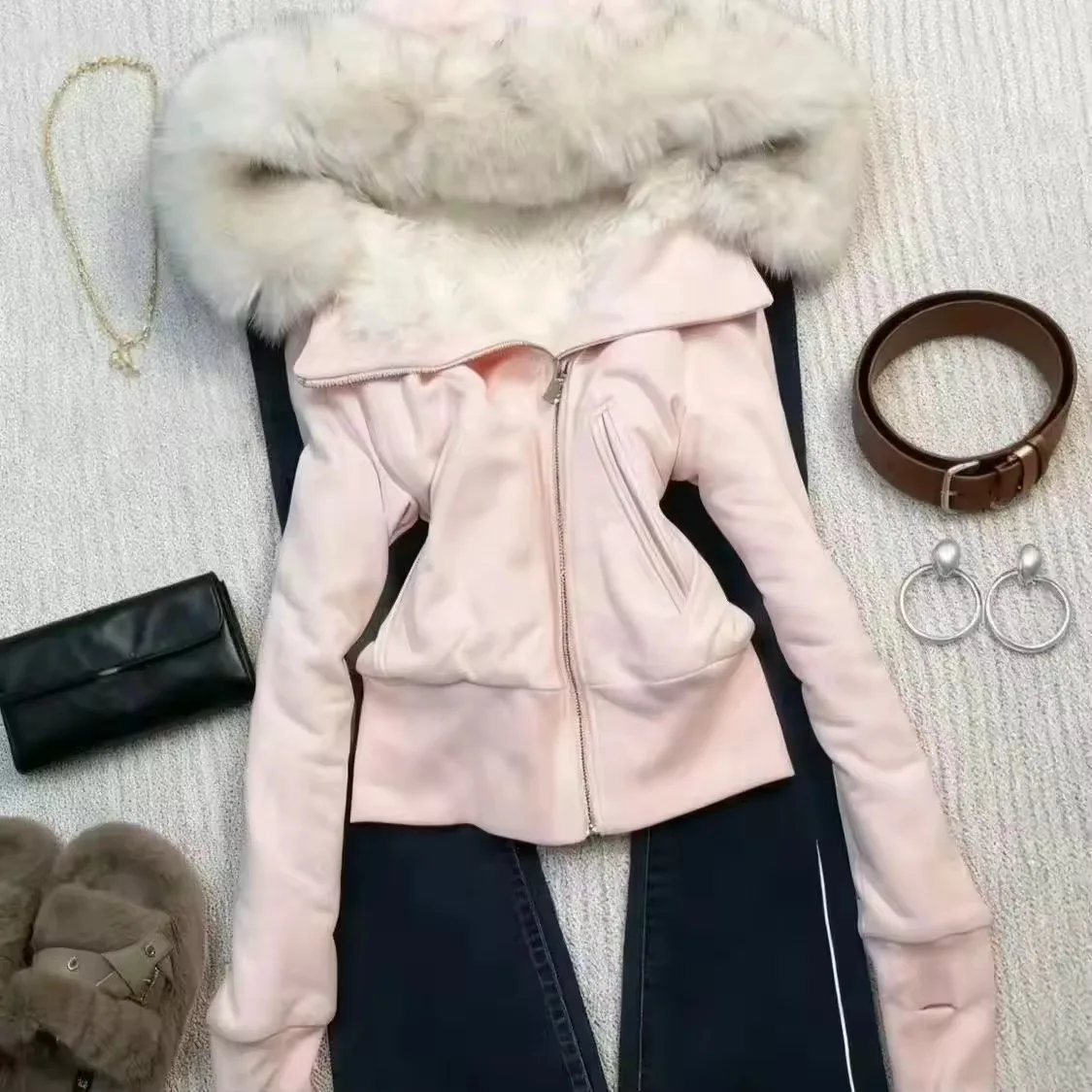 เสื้อฮู้ดดี้ทรงสลิมฟิตสีพื้นสไตล์วินเทจย้อนยุคฮาราจูกุ ปี 2025 พร้อมซิป คอขนเฟอร์ ฮู้ดแบบมีหูกระต่ายสไตล์เกาหลี บุด้วยผ้าพลัฌ