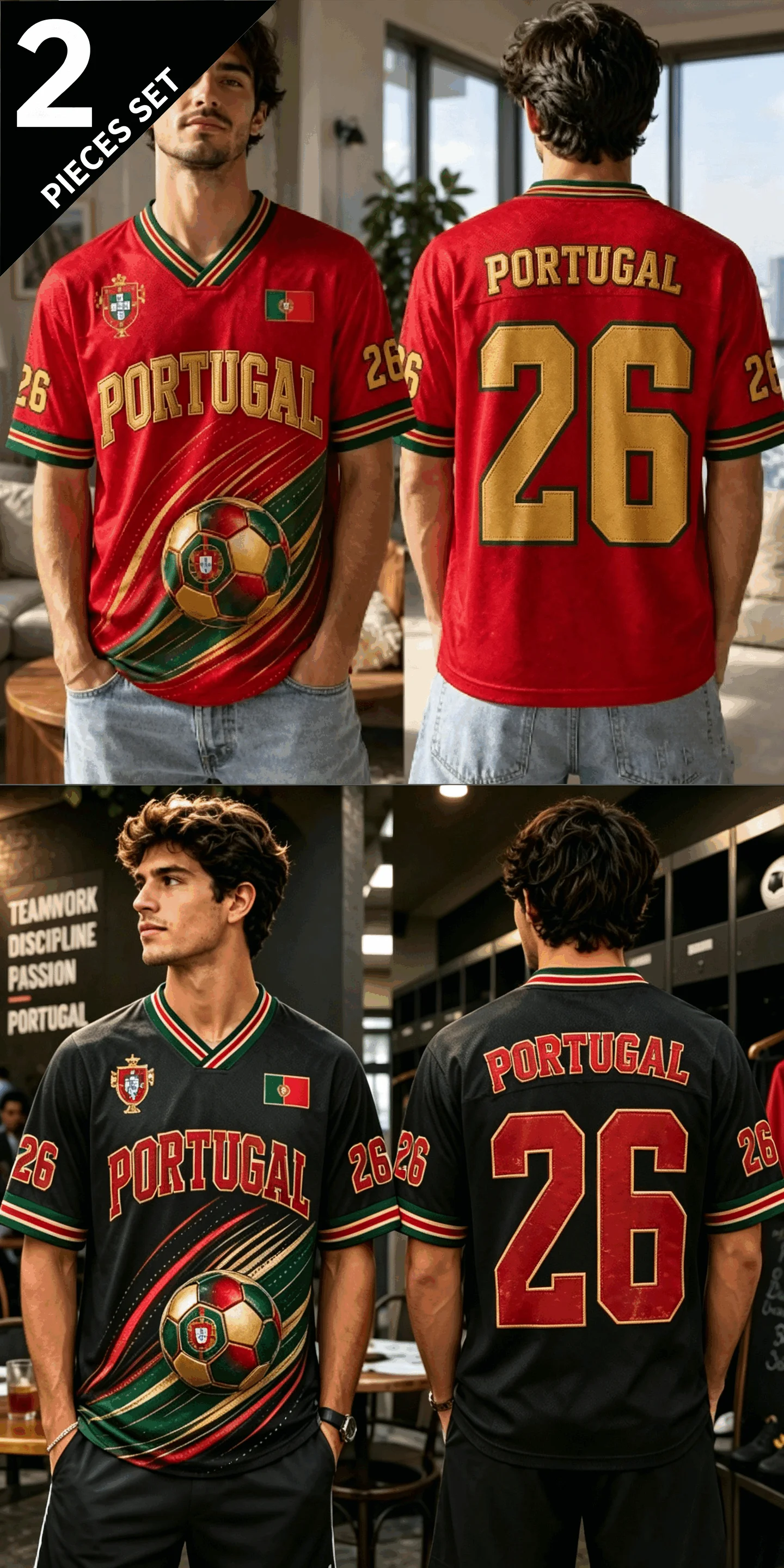 Vintage Portugal Football Short Sleeve Top, Light Quick Dry Breathable Sports Shirt, Sold Individually Or In 2-Pack Sets
