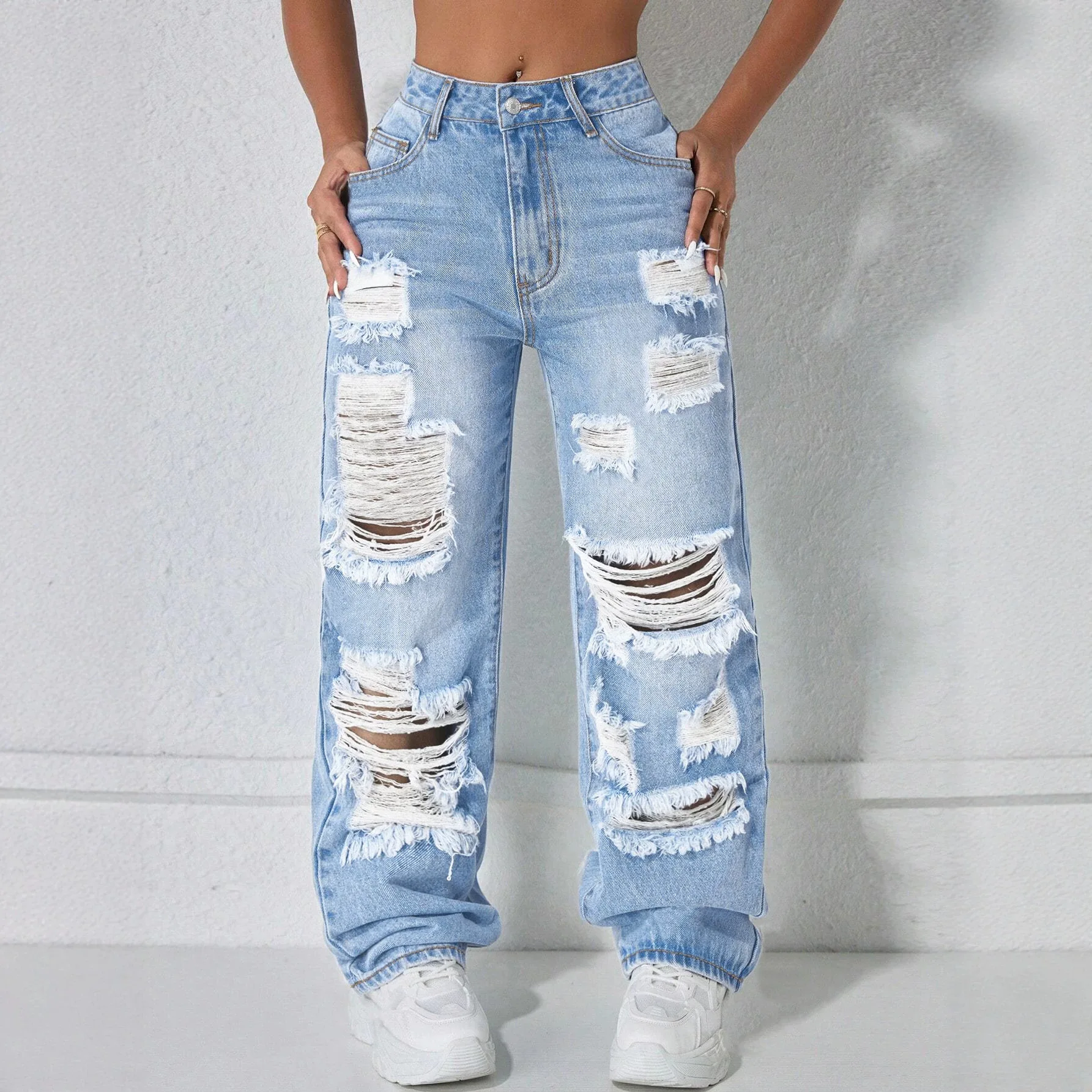 Denim Pant Women Jeans Vintage Wide Leg Long Pants Hole High Waist Straight Trousers Y2k Streetwear Elegant Splice Work Casual