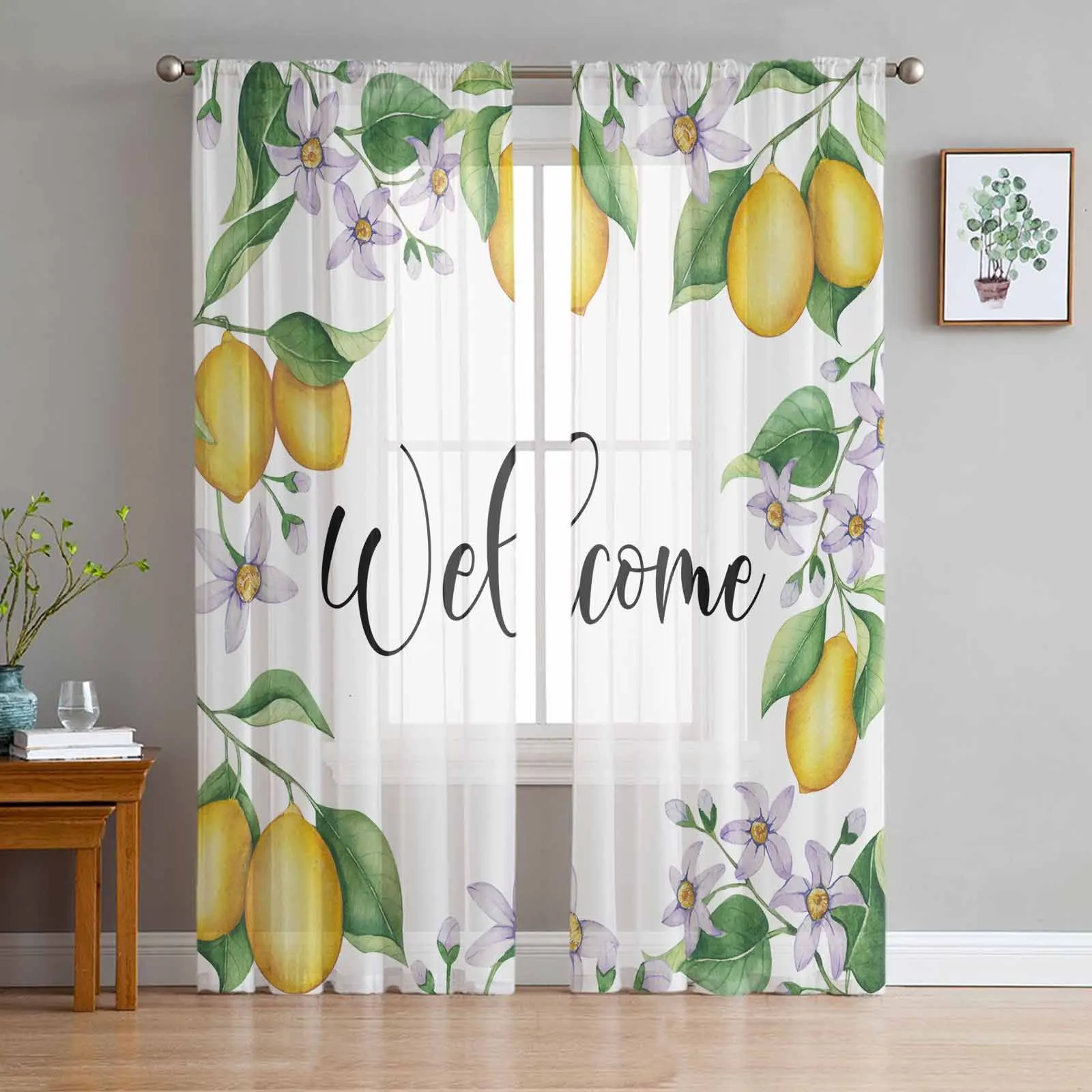 Lemon Watercolor Country Style Tulle Curtains for Living Room Bedroom Sheer Voile Curtain Home Decor Kitchen Curtain