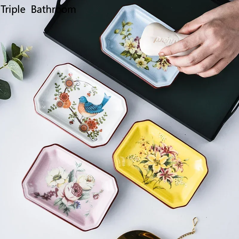 1pc European Flower Pattern Ceramics Soap Dish Soap Packaging Boxes Household Bathroom Storage Supplies Restroom Shower Supplies