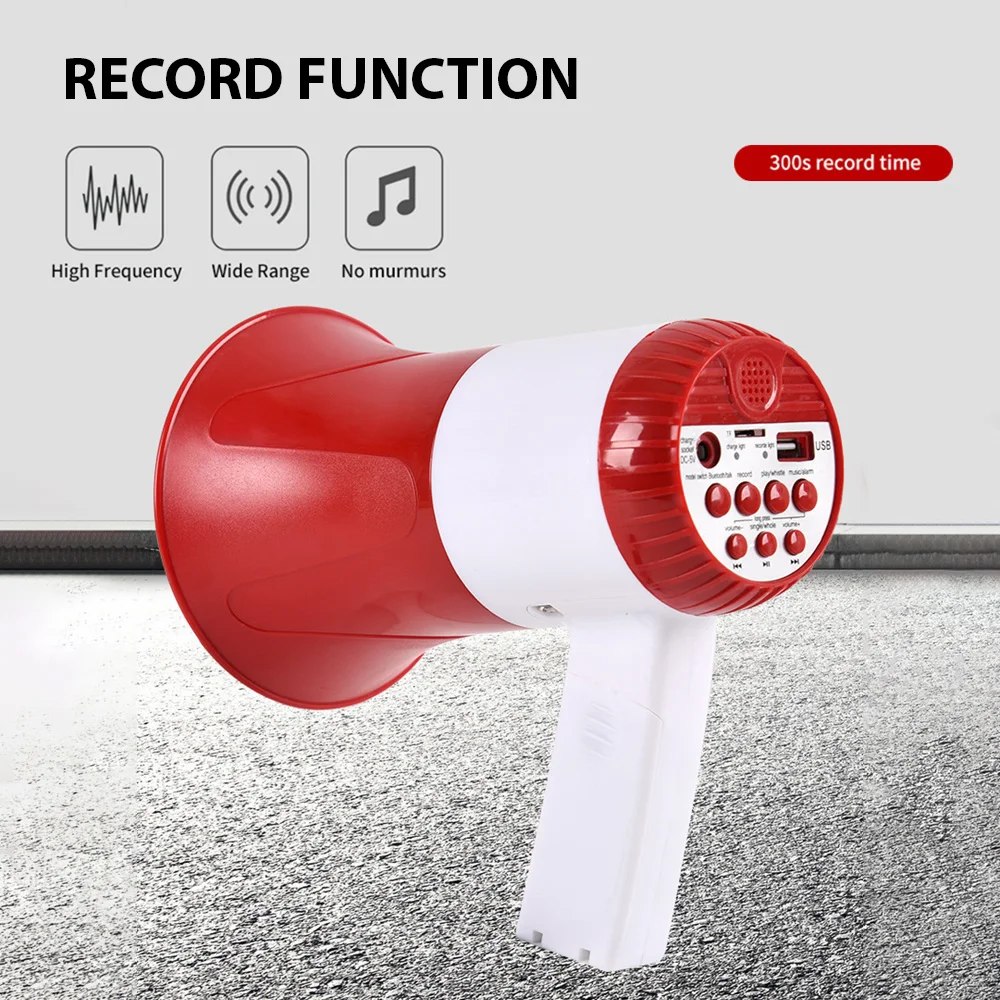 Megaphone Speaker 50W Power Portable Bullhorn Megaphone Voice Siren/Alarm Modes Volume Control USB Flash Drive TF Card BT Alarm