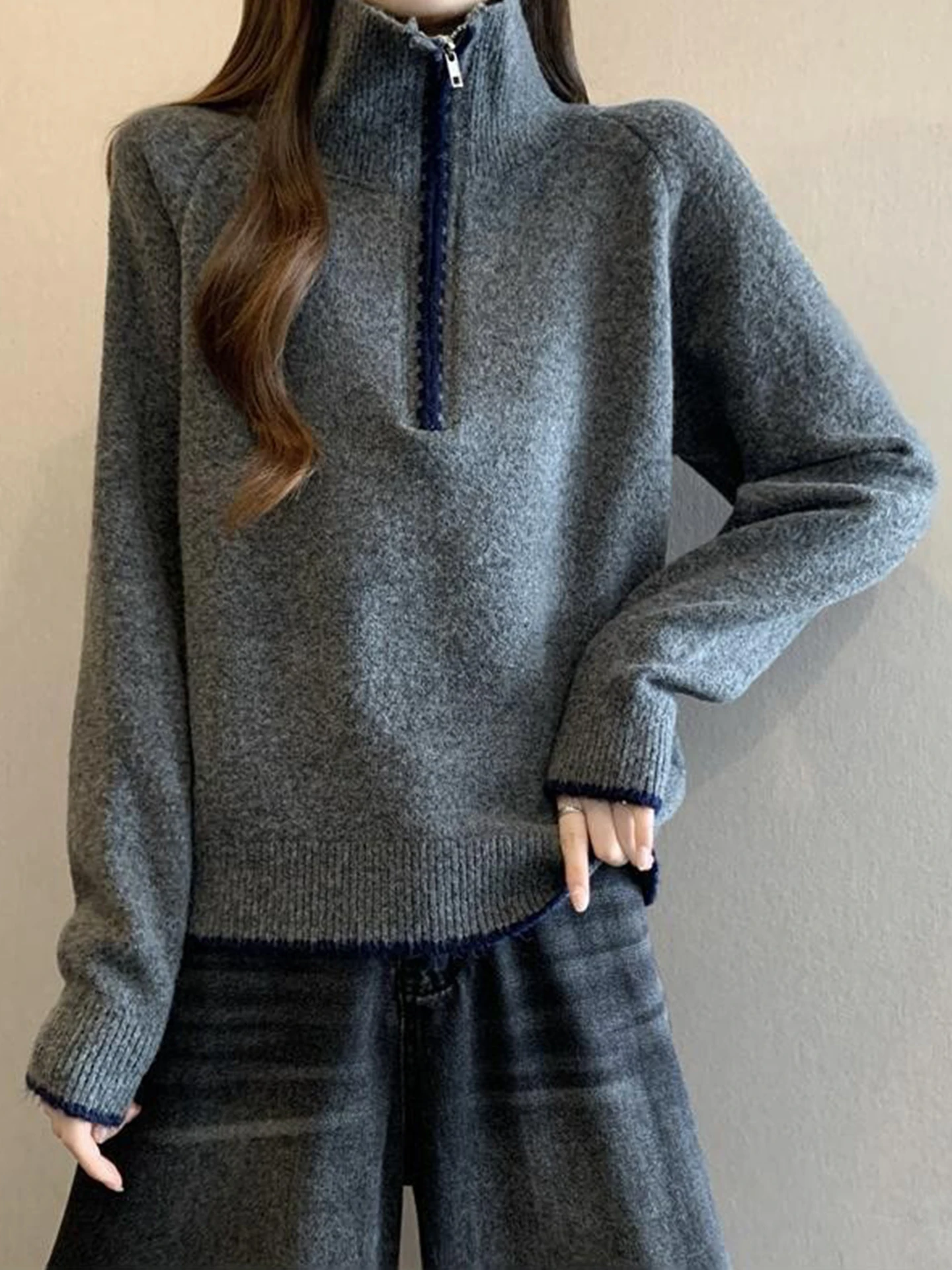 

Женский свитер с воротником-стойкой на молнии, осенне-зимний, больших размеров, в стиле кэжуал, премиум-класса, вязаный, для повседневной носки, свободного кроя