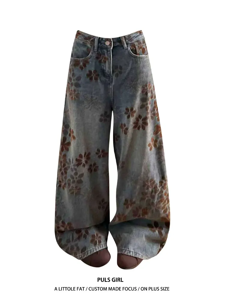 

Retro Washed American Style Wide Leg Loose Fit Women's Jeans High Waist Floral Embroidery Design Casual High Waist Trousers