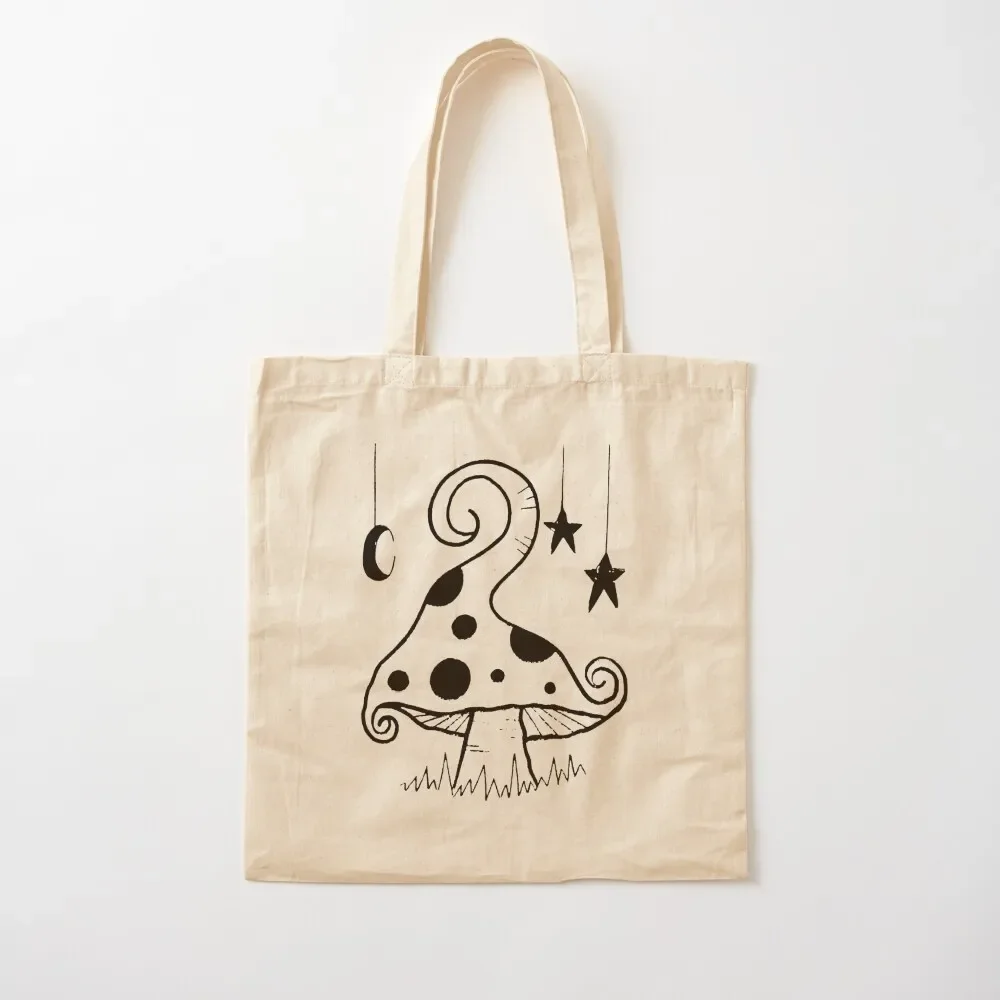 Fantasy Linocut Hand-Crafted Mushroom Toadstool Print (black) Tote Bag cloth bag woman Canvas shoulder bag Women's shopper