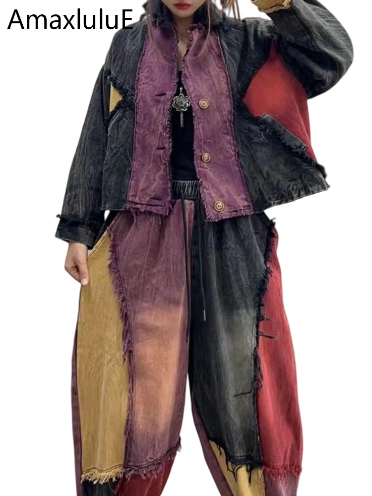 

Amax LuluE Autumn Womens Vintage Denim 2 Pieces Sets Punk Jacket Suits Fashion Coats Leisure Pants Loose Jeans Classic Outfits