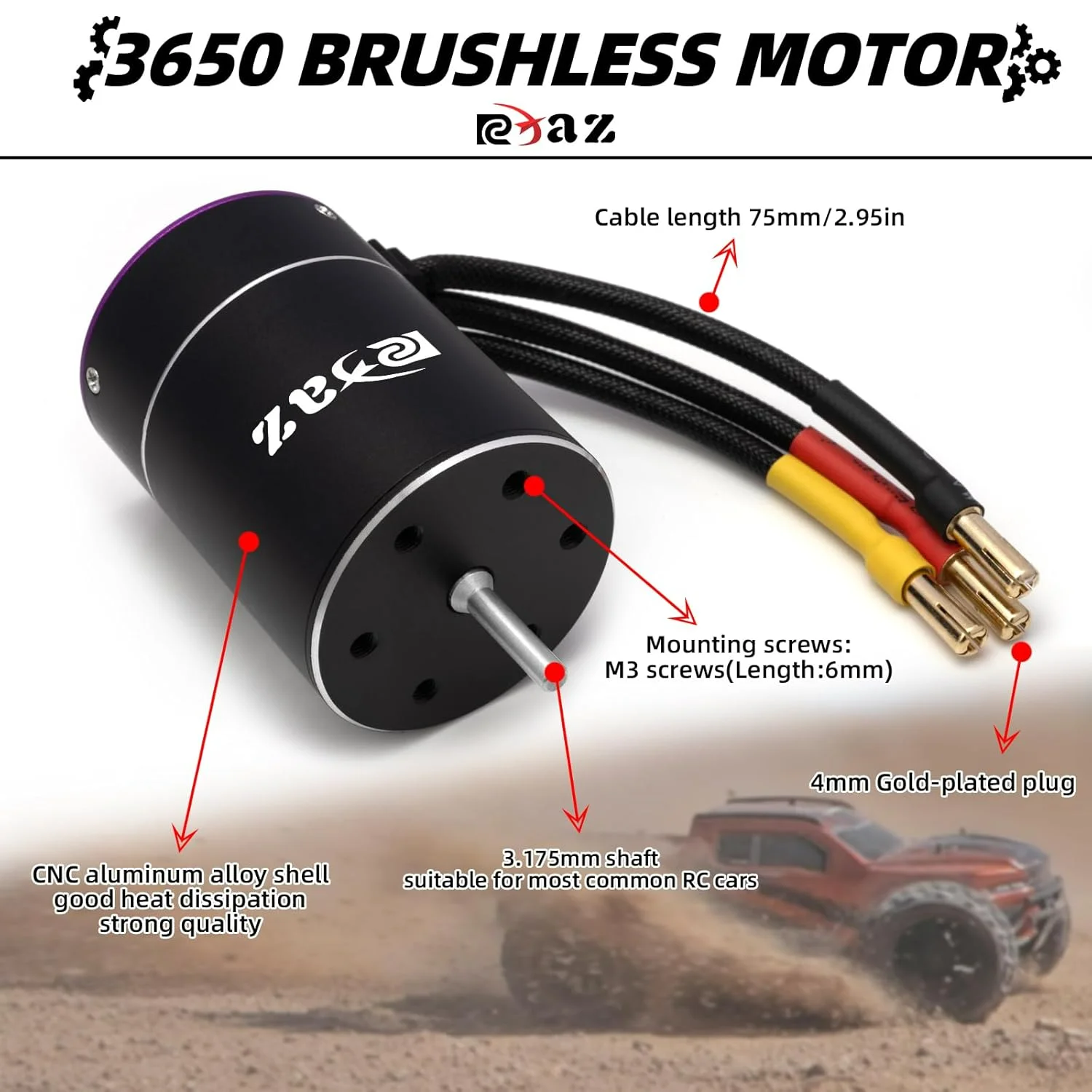 RC Brushless Waterproof Power Combo 75A/480 ESC 3650 3.175mm Shaft for 1/10 SCX10 TRX4 RC Car Truck Racing/Off-Road/High-Speed ​