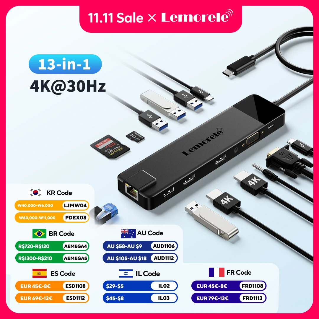 레모렐 TC100 13포트 USB 허브 3.0 고속 허브 USB 타입 C HDMI 4K RJ45 1000mbps SD TF 노트북 맥북 VGA TV 디스플레이어용