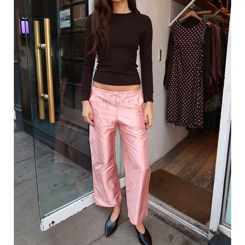 Women's Y2K Drawstring Elastic High Waist Multi Pocket Glossy Cargo Straight Leg Metallic Shiny Cargo Pants Going Out Trousers