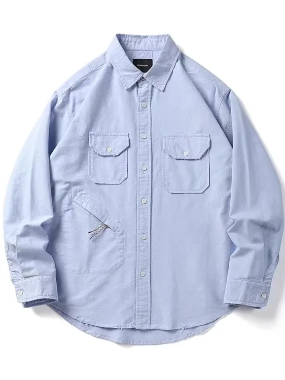 

Ретро-японская свободная рубашка-куртка из хлопковой ткани оксфорд для мужчин, повседневная, с длинными рукавами и множеством карманов