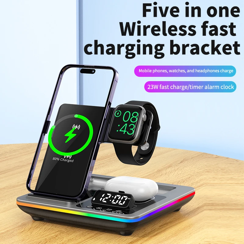 

New 3in1 Wireless Magnetic Quick Charger Cell Phone Wristwatch Headphones Folding Fast Charger LED Light Ambient Light Clock D