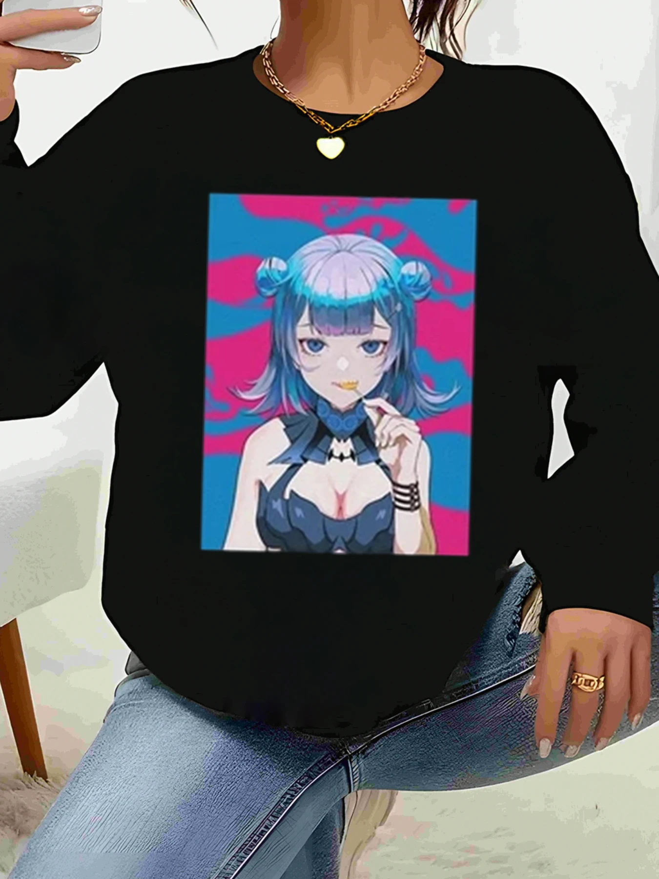 أنيمي فتاة طباعة كم طويل أعلى هالوين عارضة ارتداء أزياء المرأة