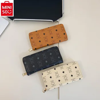 MINISO 여성용 대용량 긴 지퍼 지갑, 귀여운 곰돌이 프린트 휴대폰 가방, 다기능 보관 지갑, 패션 