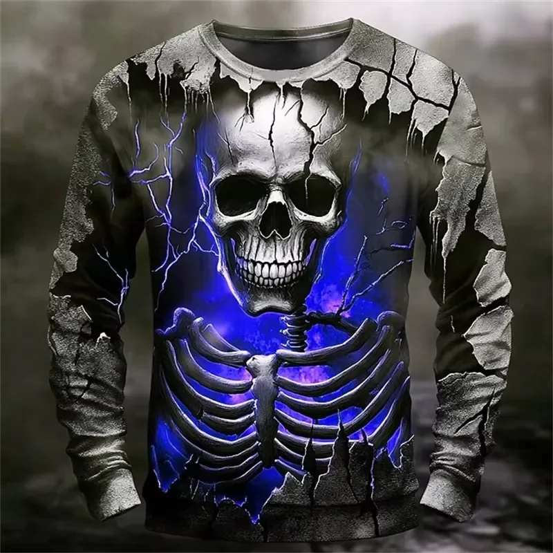 3D Printing Casual Long Sleeve New Skull Graphic Men T Shirt Round Neck Sports Outdoor Tee Spring Autumn Clothing 2026