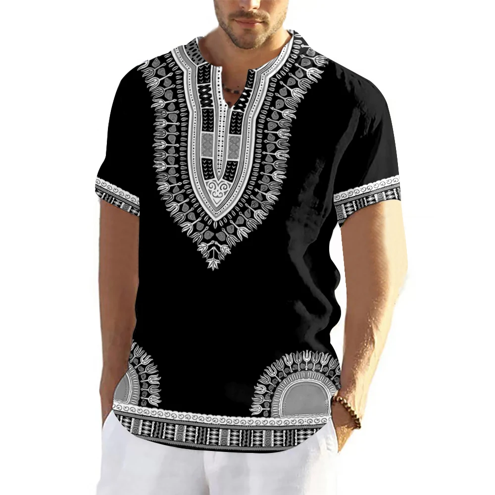 Fashion V-neck Traditional Men\'s Tshirts Short Sleeve Dashiki 3D Print Men T shirt Oversized Culture African Men\'s Clothing