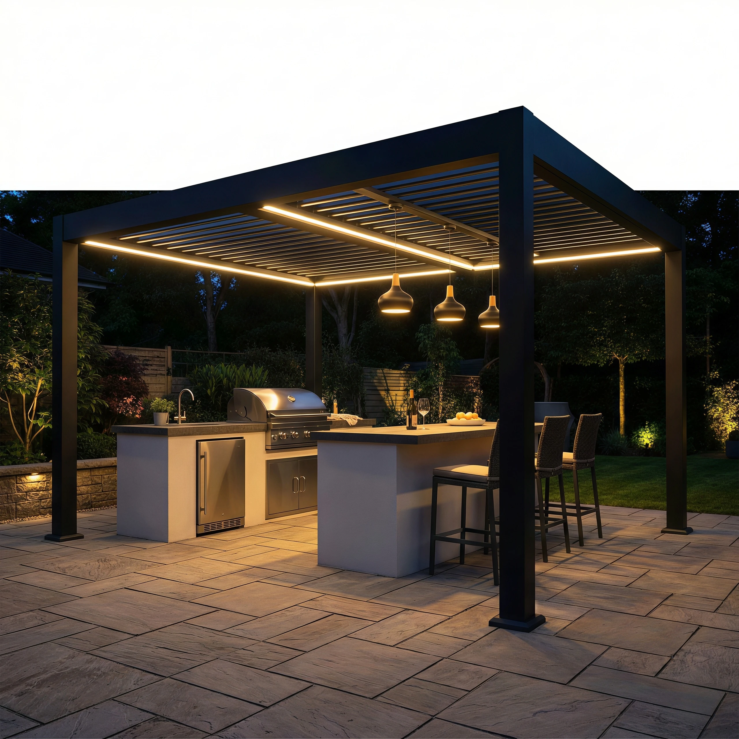 Black Outdoor Kitchen Aluminum Pergola 3x4m Motorized Louvered Roof Gazebo with Integrated BBQ Bar Island LED Light Pavilion