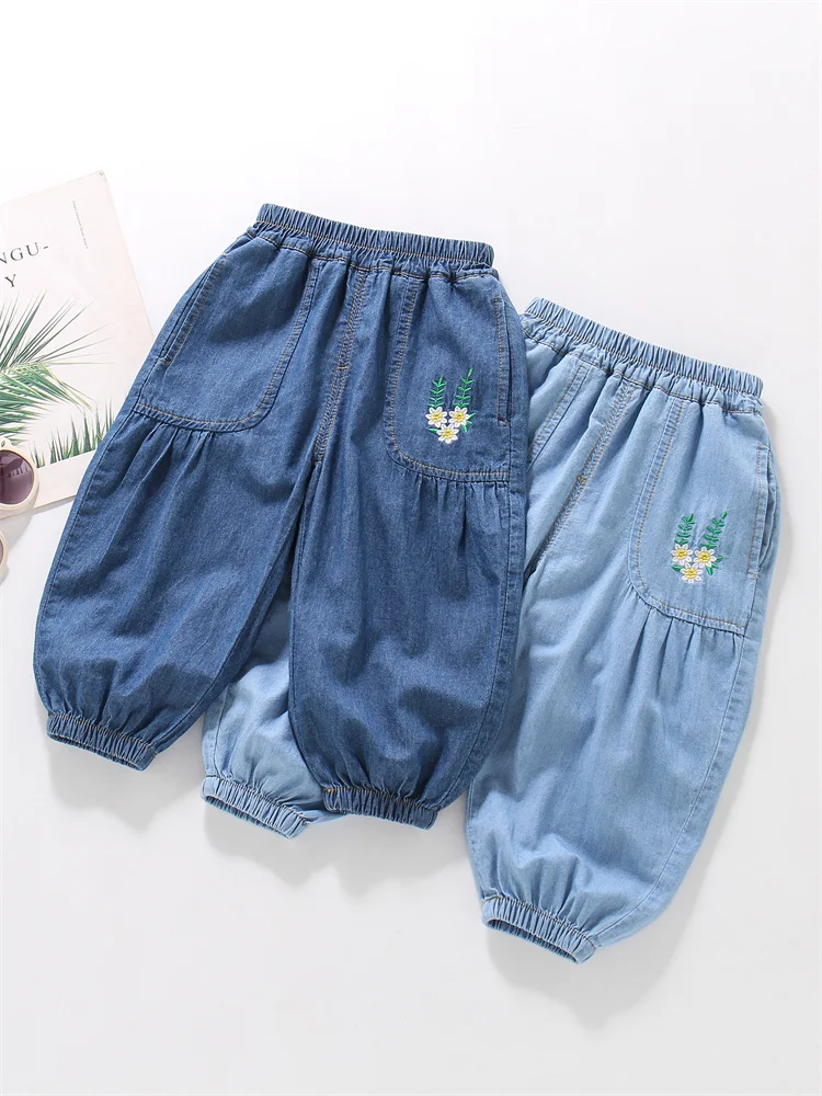 

Летние повседневные тонкие джинсовые брюки для девочек, мягкие дышащие брюки с защитой от комаров, длинные брюки с манжетами для детей до 7 лет