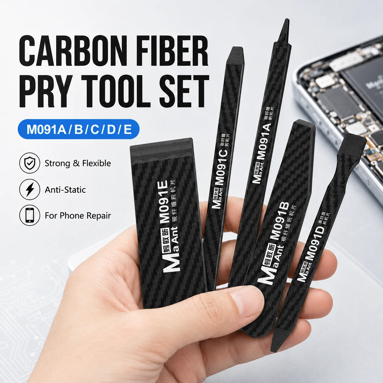 MaAnt M091 Carbon Fiber Non-Magnetic Scraping Prying Tool Set for Mobile Phone Electronics Repair Disassembly Hand Tools Kit Set