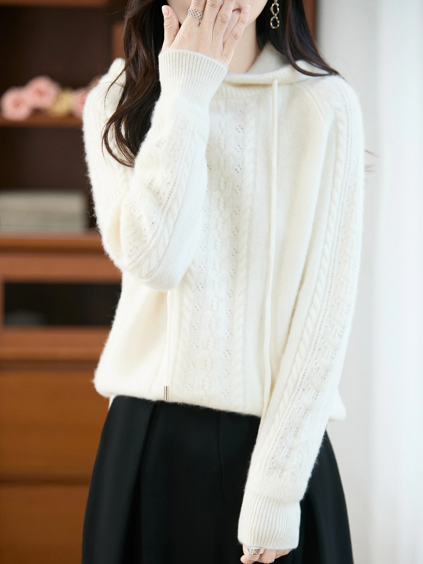 

Новый женский однотонный вязаный толстый пуловер из 100% мериносовой шерсти с длинными рукавами и капюшоном, осенне-зимний топ, повседневная удобная одежда