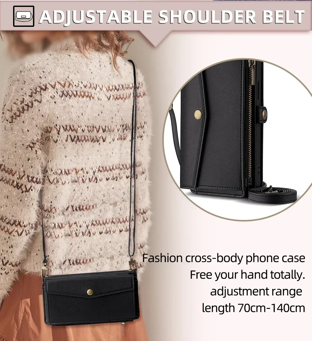 Reißverschluss PU-Leder Brieftasche Buchcover Handyhüllen für iPhone 16 16E 17 Air Pro Plus Max Flip Cover Multifunktionale Berging Bags – Detail 6