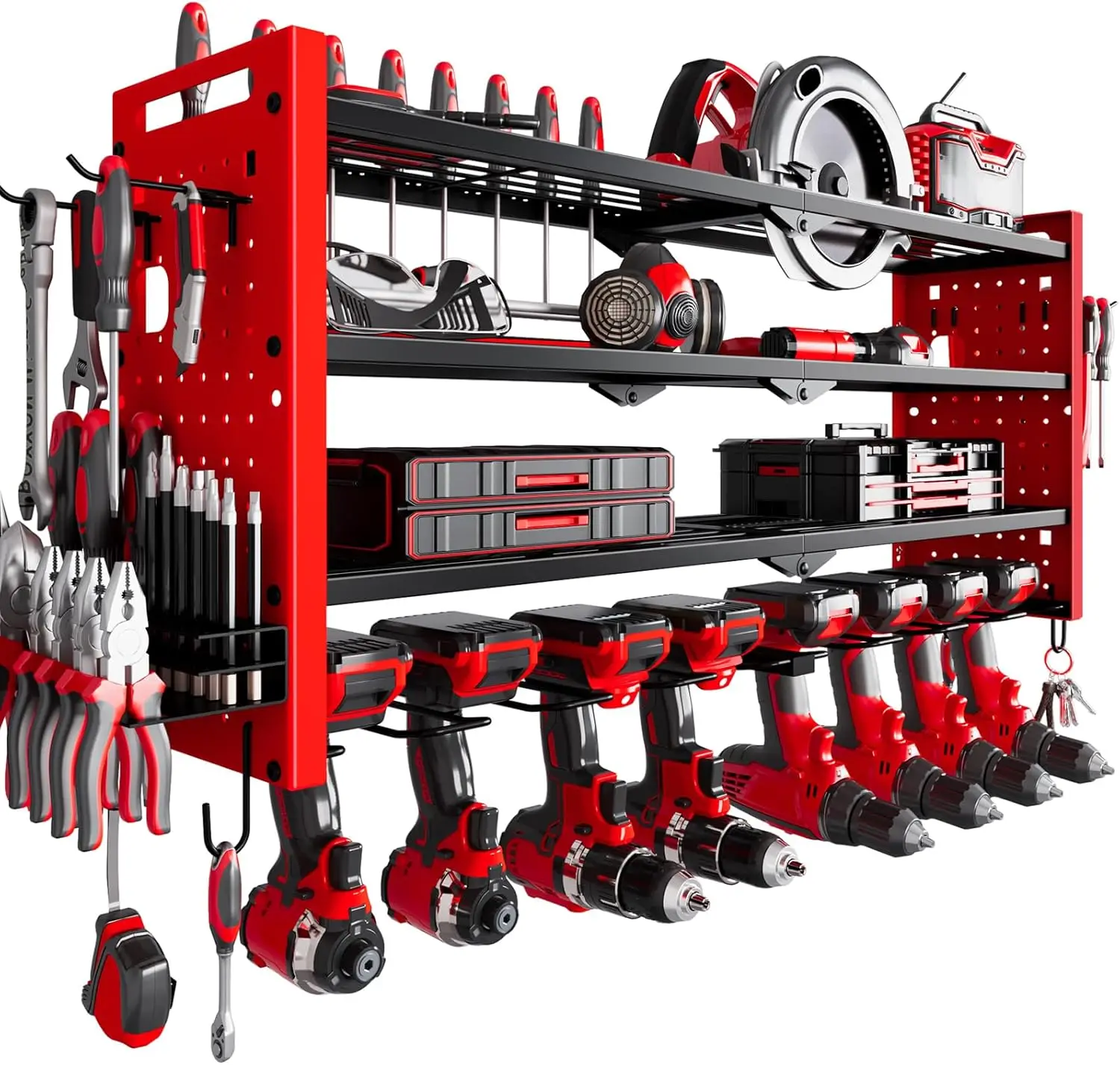 

Wall Mount Tool Organizer, 4 Layers Large Capacity Rack with 8 Drill Holders in Red