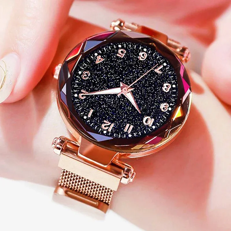 Relojes de moda para mujer, cinturón de malla, reloj magnético con cielo estrellado para mujer, reloj de pulsera de cuarzo, reloj de pulsera de lujo para mujer, reloj con temperamento