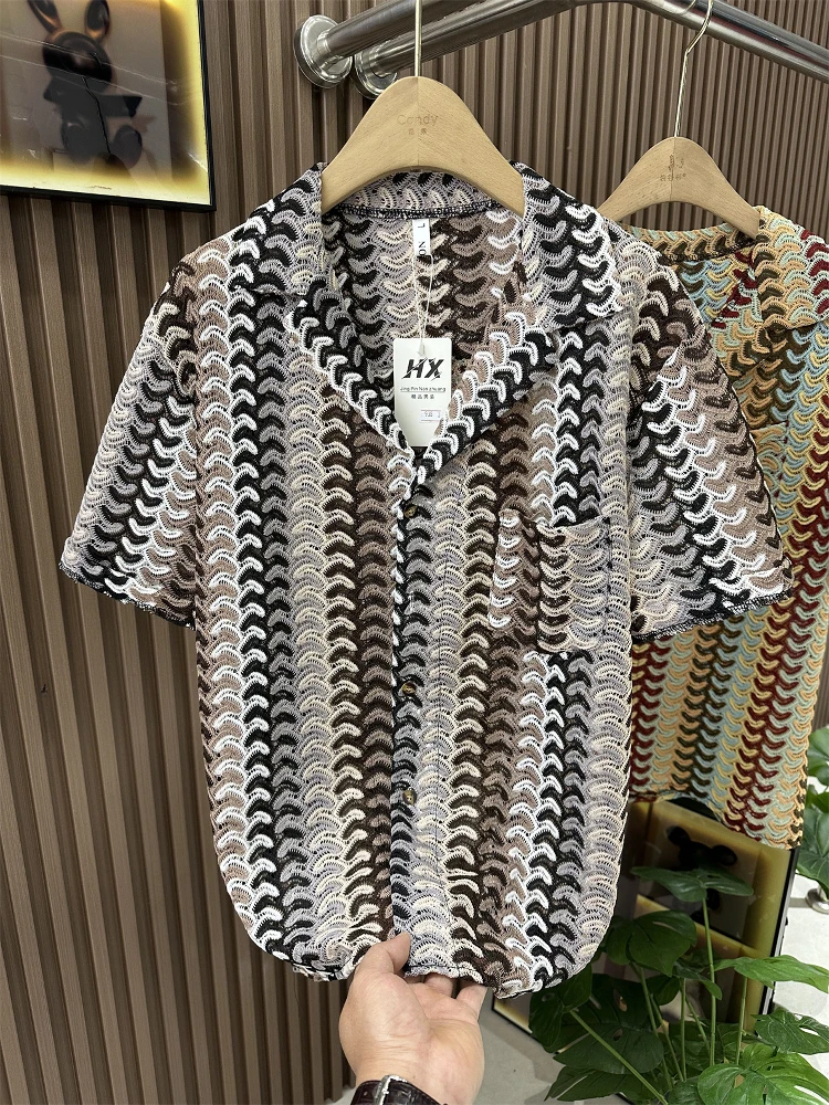 Fashionable Summer 2025 Men's Short Sleeve Shirt Embroidered Hollow out Design Breathable Lightweight Polyester Blend Fiber