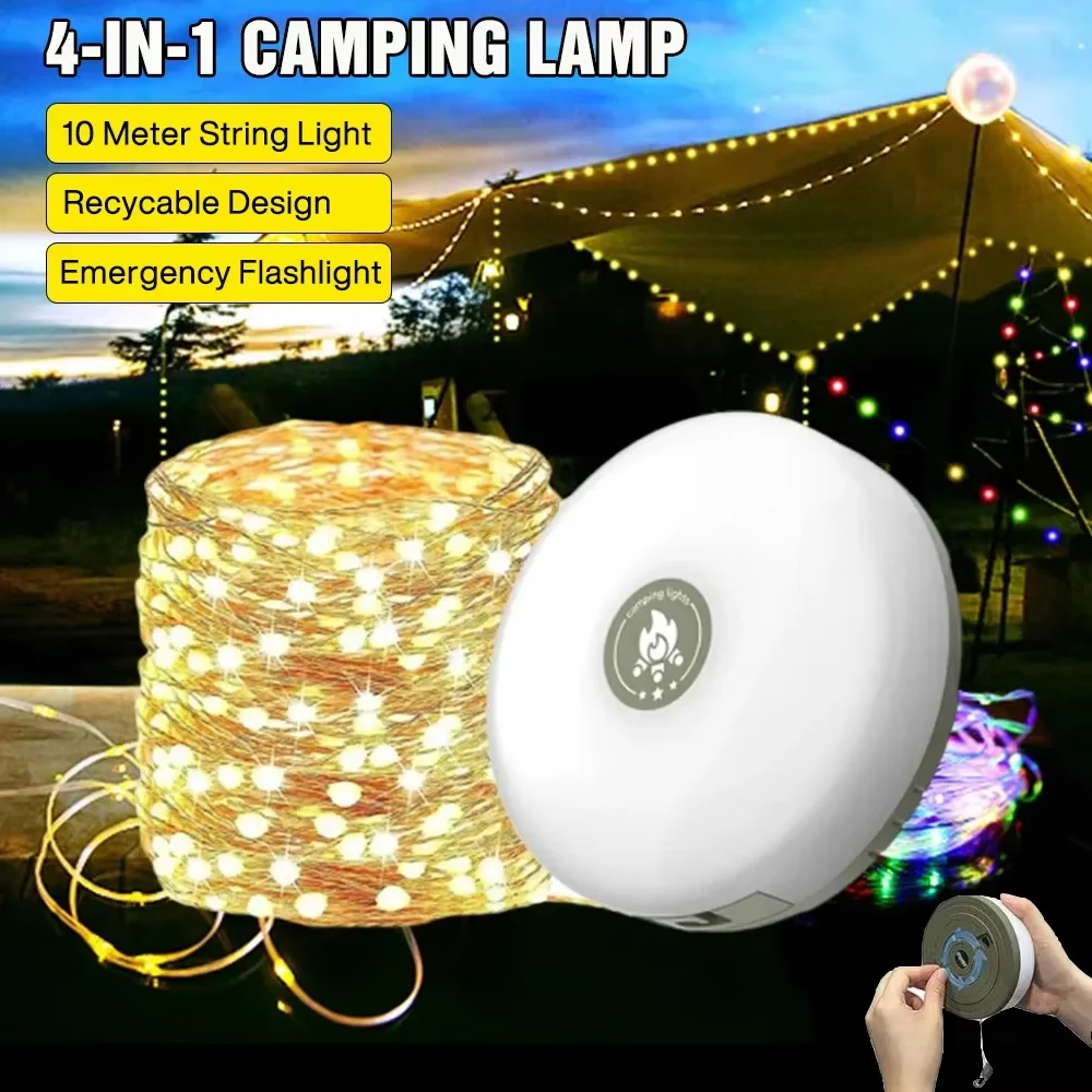 4-in-1 LED Reel String Light Solar/Rechargeable Camping Lamp 10M Recyclable RGB Atmosphere Light with Hook for Garden Tent Decor