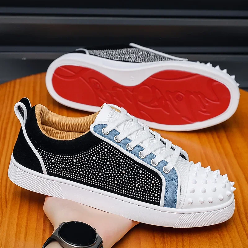 Men's CL Red Sole Casual Shoes Rivet Drill Nightclub Popular Low Top Sports Sneakers Breathable Flat Heel Cement Ground Ready