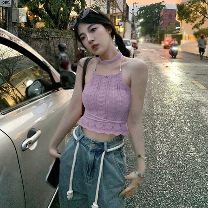 Girls Sleeveless Sexy Tank Top New Women Halter Hollow Out Bandage Korean Style Tees Knitted Solid Color T shirt