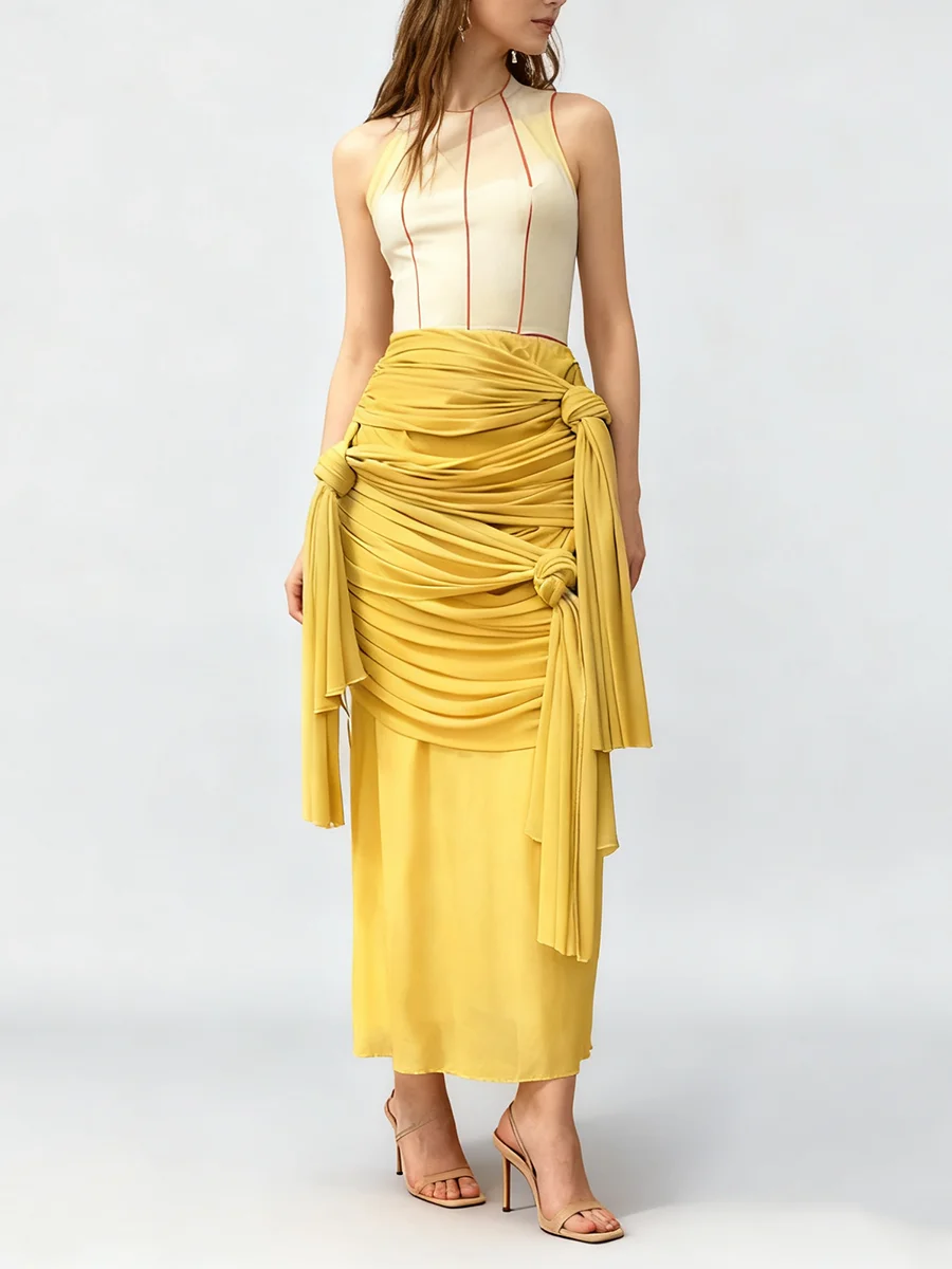TWOTWINSTYLE Solid Slimming Spliced Folds Fashion Skirts for Women High Waist Sheer Patchwork Knots Design Sense Skirt Female