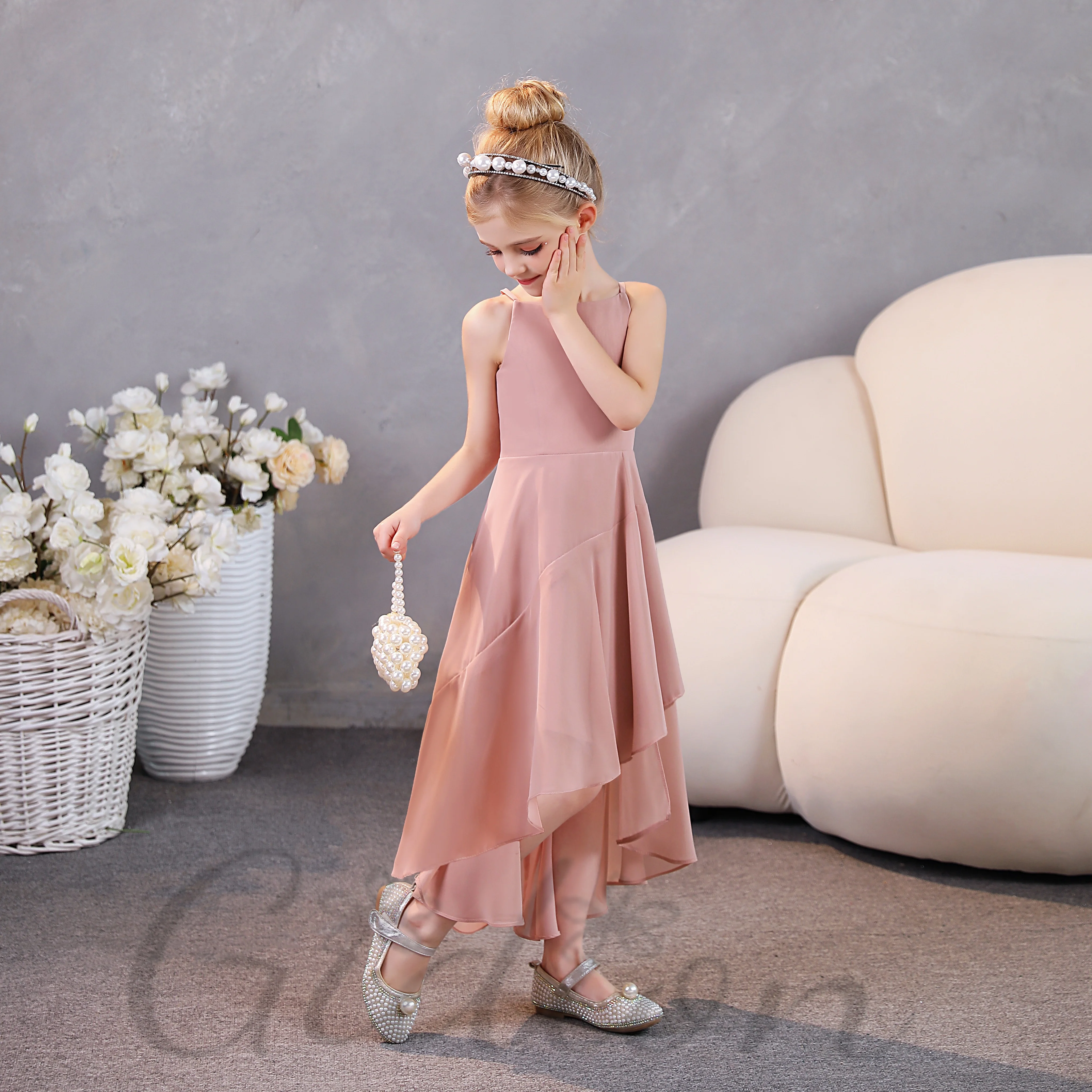 Assymetrische Chiffon Junior Bruidsmeisje Jurk Voor Kinderen Huwelijksceremonie Show Feestvieren Optocht Banket Prom Night