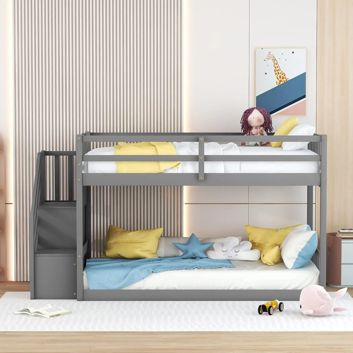 Low Bunk Beds Twin Over Twin with Stairs Solid Wood Bunk Bed Frame for Kids Boys Girls Teens, Gray