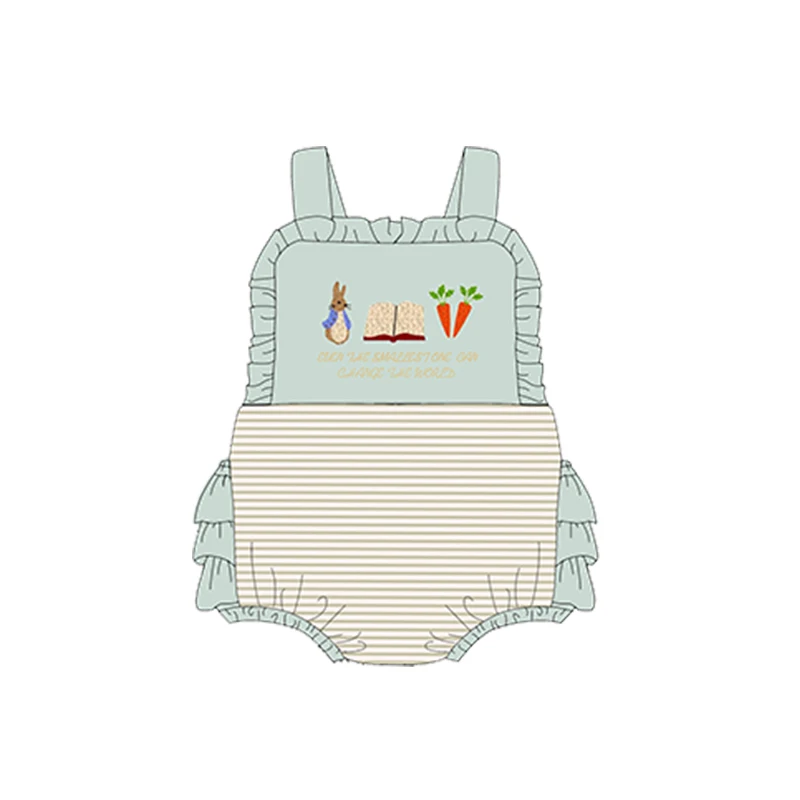 Easter Boutique Short Sleeve Round Neck Rabbit French Knot Girl Green Romper Boy Blue Top Clothes And Pleated Skirt Pants