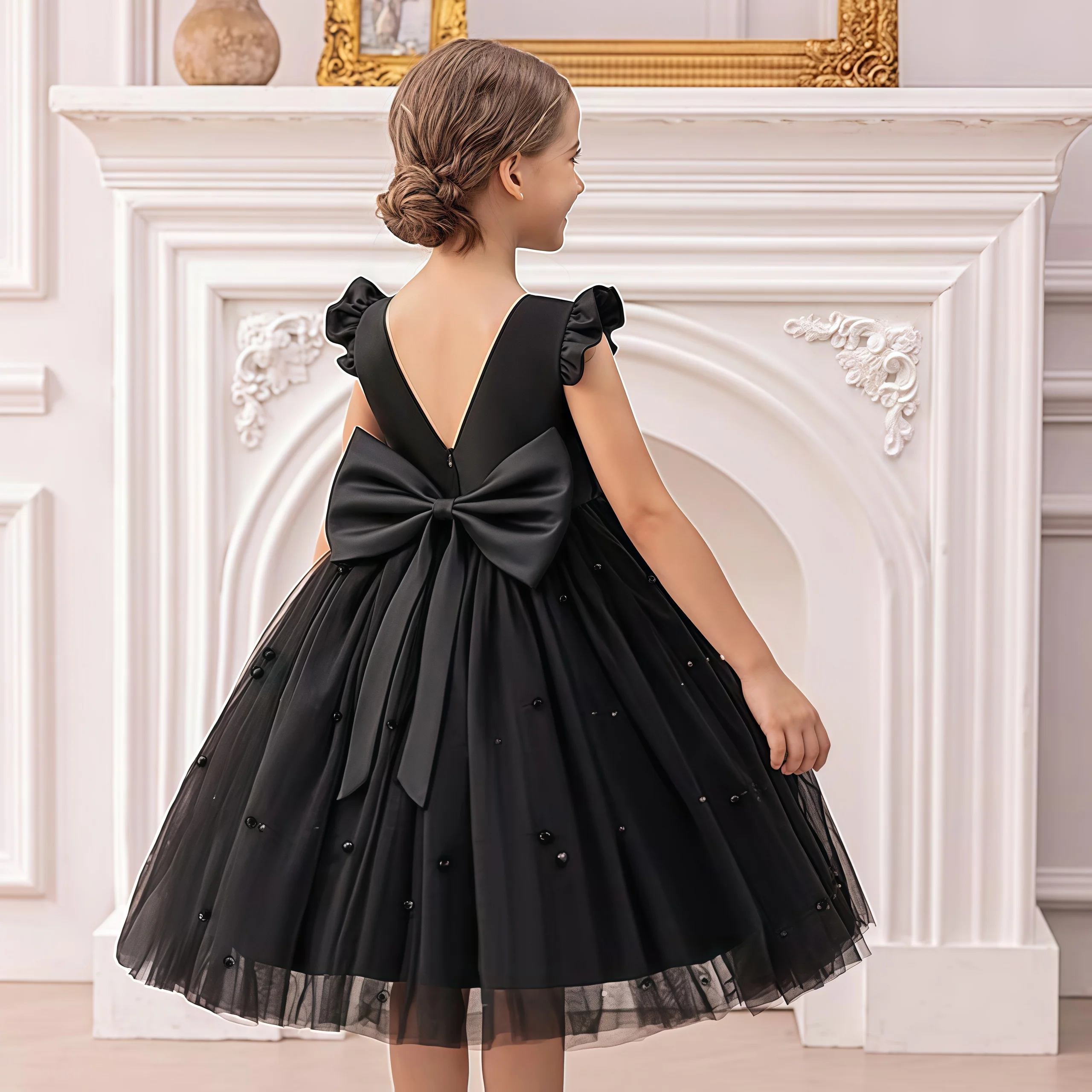 

Elegant Flower Girls V-Back Big Bow Tulle Puffy Dress For kids Pageant Birthday Party Wedding First Communion Formal Prom Gown