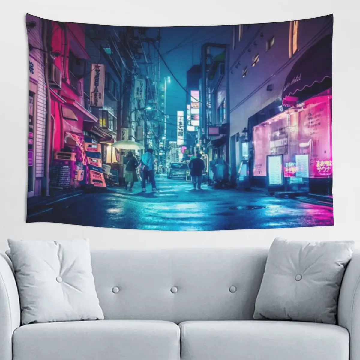 Tokyo Midnight Rain, luces de neón estéticas en rosa y azul, tapicería estética, tapicería punk de flores silvestres, decoración abstracta