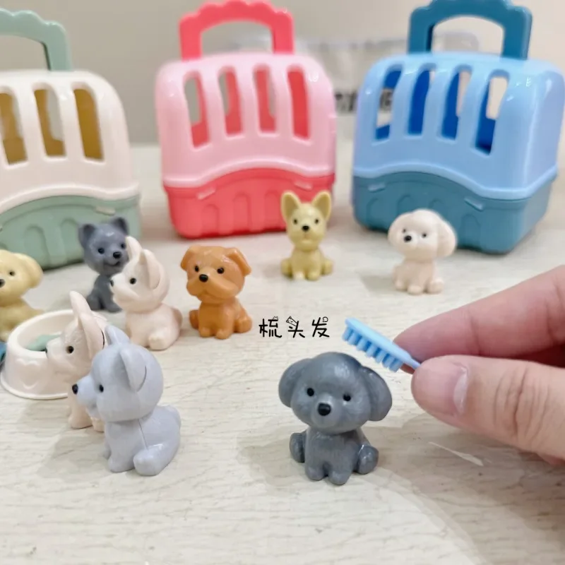 8pcs/set Cute Dog Pet Basket  Family Toys Dog Doll Set Dog Cage Toys Scene Playing Toys Christmas Decoration Gifts