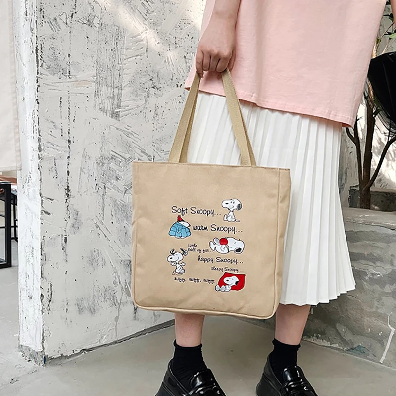 MINISO Disney Series Snoopy Canvas Bag Printed Cartoon Shoulder Bag Large Capacity Handbag Zipper Casual Tote Bag