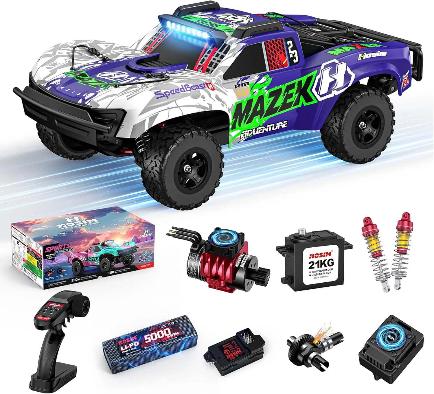Fast RC Cars for Adults Brushless 1/10 Scale, MAZEK 4WD Off-Road Electric All Terrain Hobby Monster Truck with 3S 5000mAh Batter