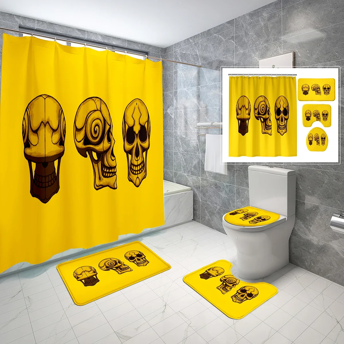 

4 PCS Skull Shower Curtain Set,Psychedelic Artwork Bathroom Decor,Waterproof Bath Curtain,Non-Slip Bath Mat Toilet Cover Set