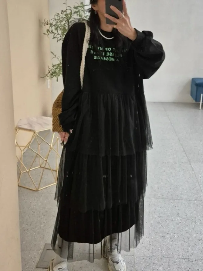 فستان نسائي أنيق للخريف مضاد للشيخوخة بتصميم مطبوع وتنورة كيك شبكية مدمجة، فستان عصري بأسلوب عملي