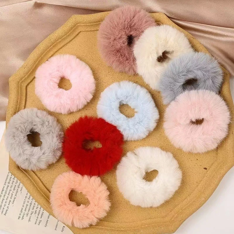 2Pcs Fuzzy Candy Colored Fluffy Warm Autumn Winter Elastic Hair Band Scrunchies Women Girls Plush Hair Rope Hairwear Wholesale