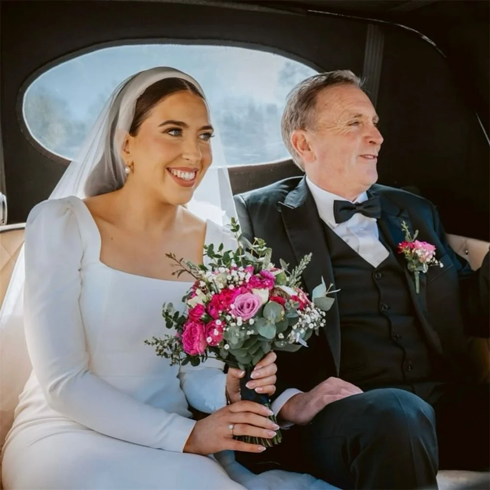 맞춤 제작된 우아한 스퀘어 칼라 웨딩드레스 클래식 긴팔 베스티도 데 노비아 심플 화이트 새틴 신부 들러리 드레스 여성용